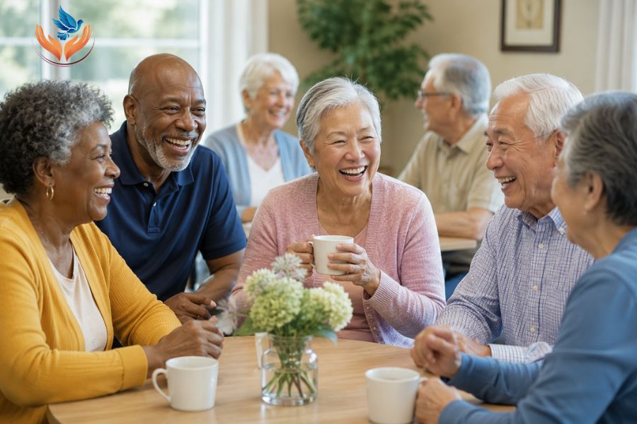 Older adults enjoying social activities as part of an extended daycare program